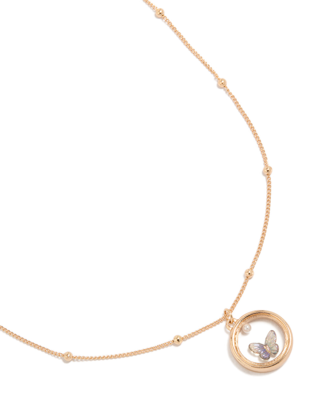 Elegant butterfly in circle pendant necklace featuring balls, pearl and gold accents close up view