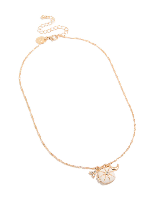 Showcasing a celestial charm locket necklace with moon and star details in gold front view
