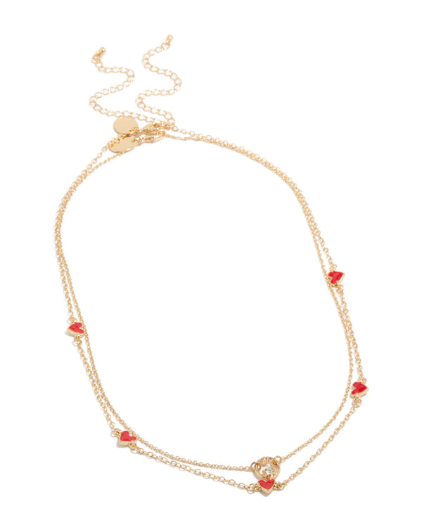 Gold Red Heart & Diamante Circle Necklaces 2-Pack