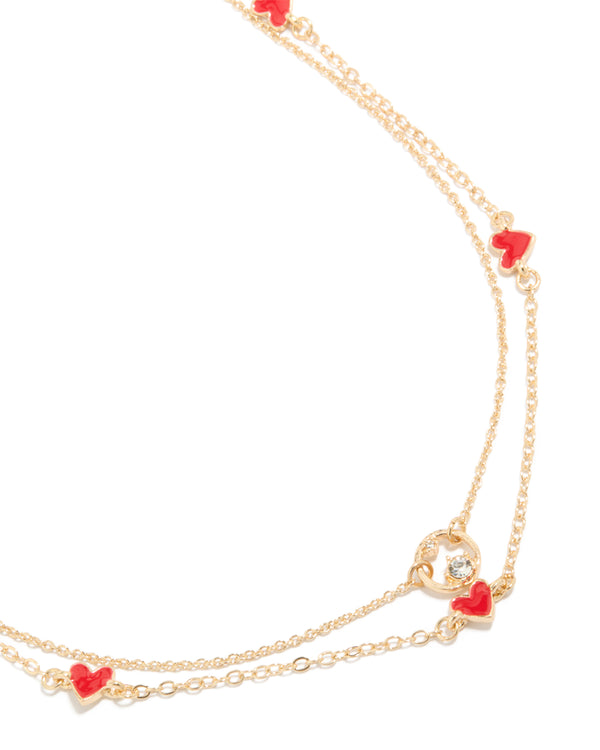 Gold Red Heart & Diamante Circle Necklaces 2-Pack