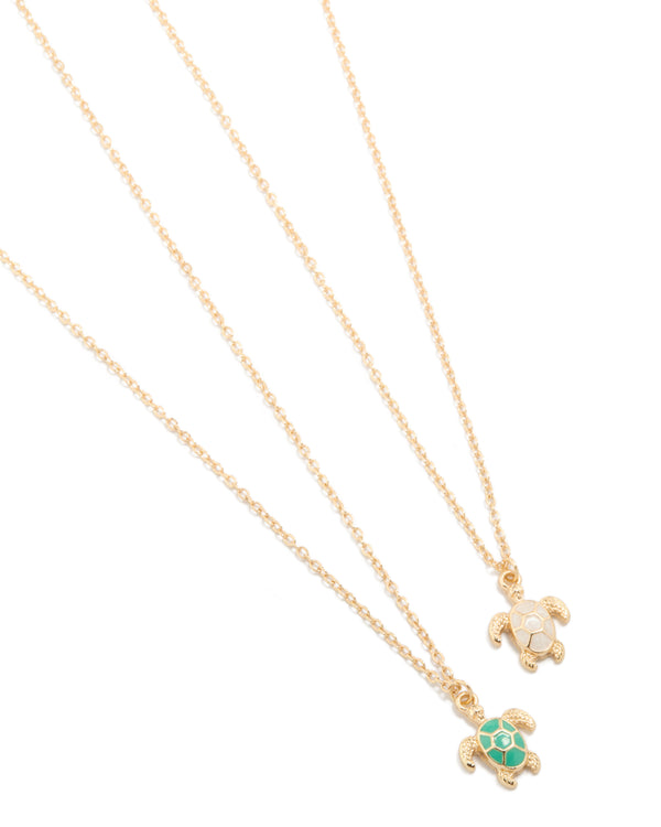 Gold Green & White Turtle Necklaces 2-Pack