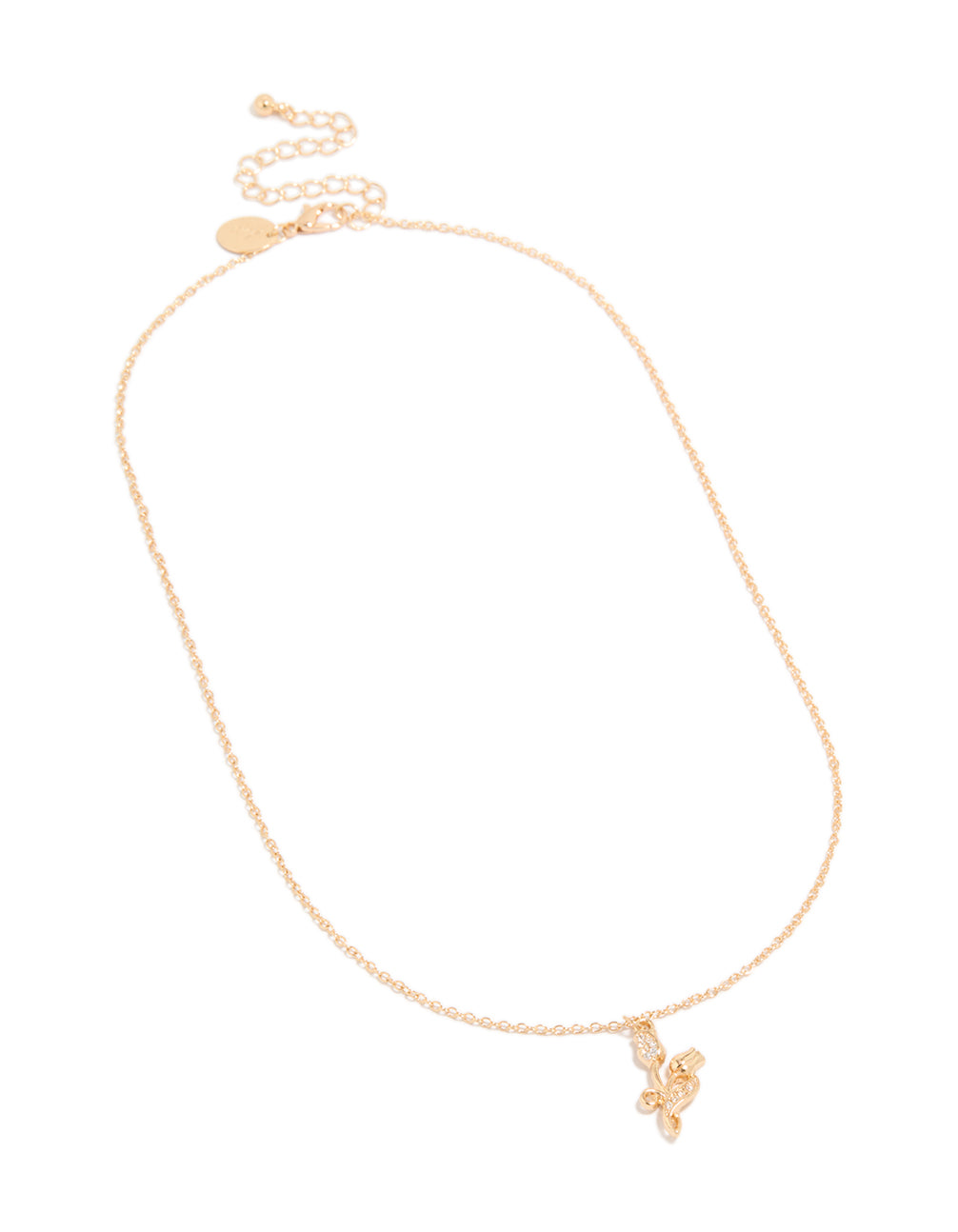 Stunning cubic zirconia rose charm necklace with floral leaf accents in dainty gold front view