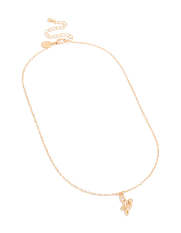 Stunning cubic zirconia rose charm necklace with floral leaf accents in dainty gold front view
