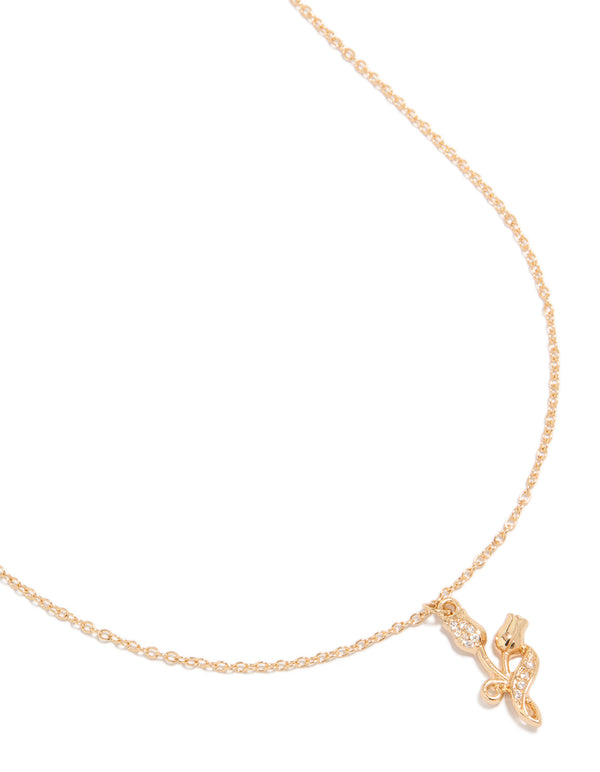 Delicate cubic zirconia rose charm necklace featuring floral leaf design in dainty gold close up view