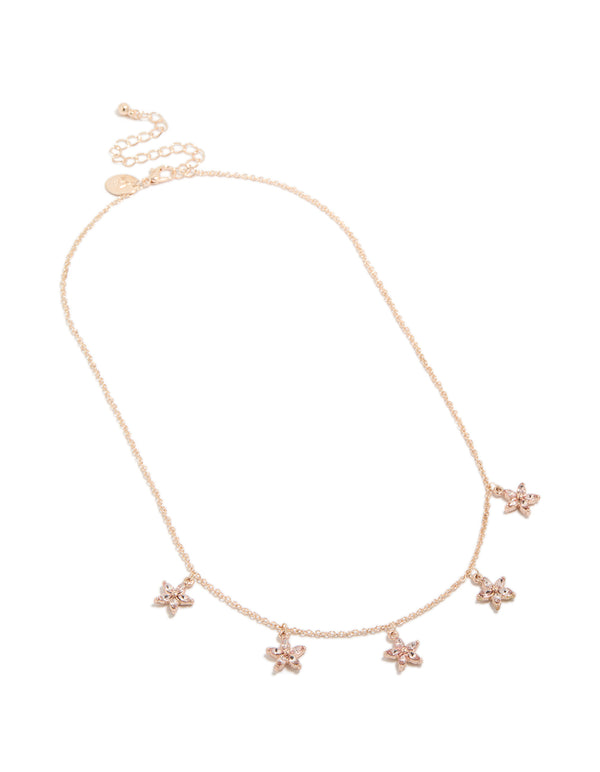 Gold Pink Diamante Floral Charms Station Necklace