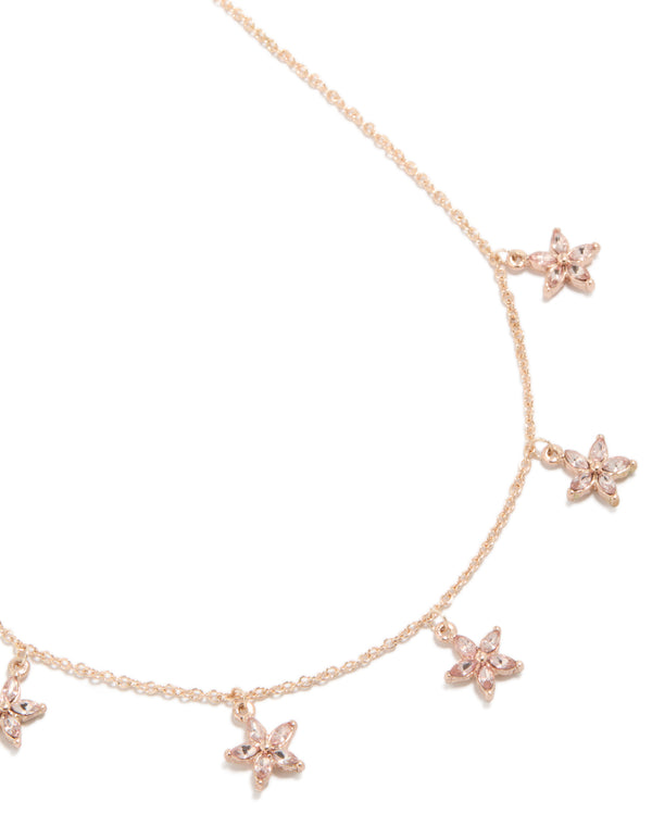 Gold Pink Diamante Floral Charms Station Necklace