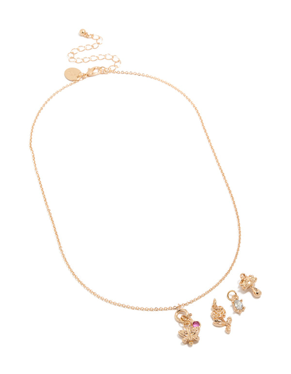 Gold Butterfly & Flower Charm Necklace