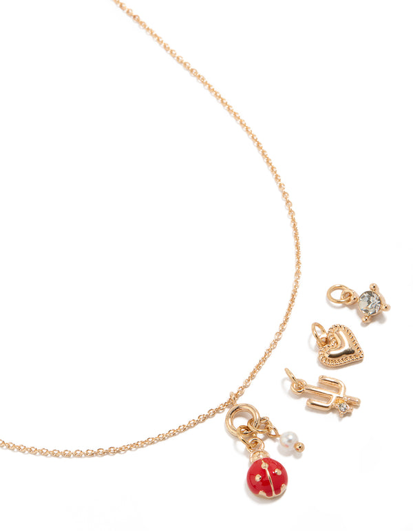 Gold Ladybug & Cactus Charms Necklace