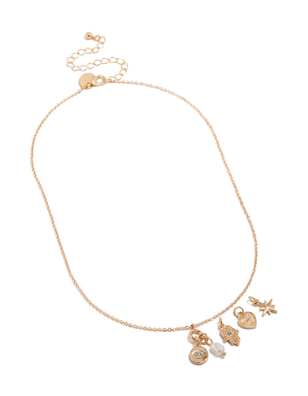 Gold Evil Eye Hamsa & Star Charm Necklace