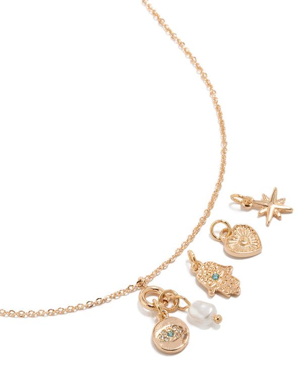 Gold Evil Eye Hamsa & Star Charm Necklace
