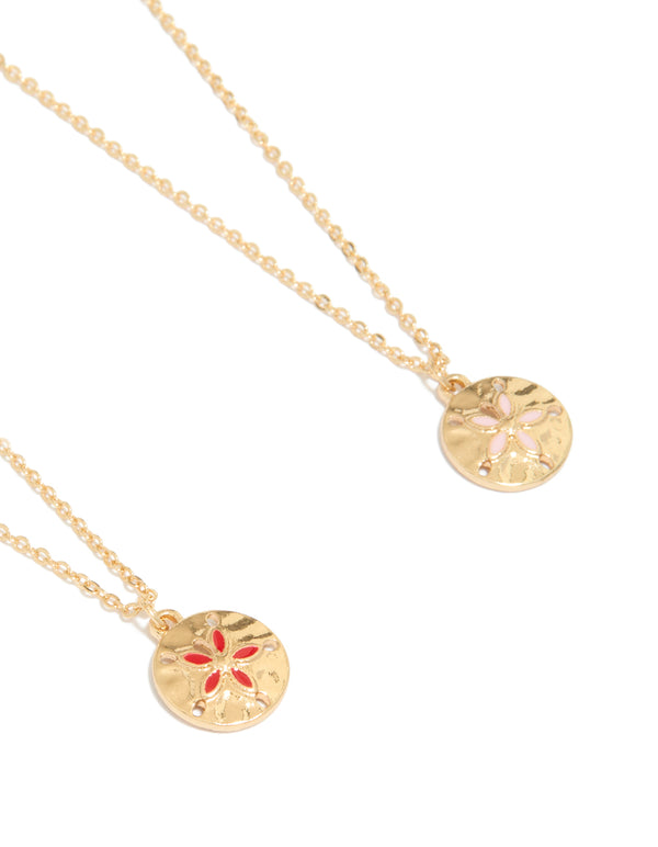Showcasing gold flower disc necklaces 2-pack featuring dainty pendants close up view
