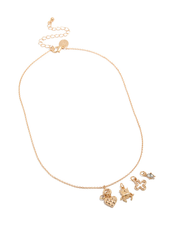 Gold Heart & Beetle Charm Necklace