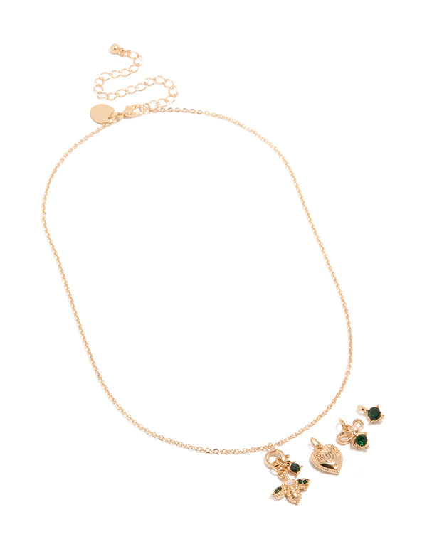 Gold Green Diamante Bee Heart Bow Charm Necklace