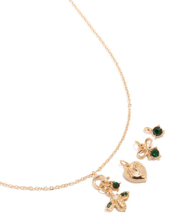 Gold Green Diamante Bee Heart Bow Charm Necklace