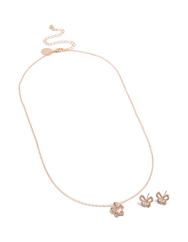 Rose Gold Diamante Butterfly Stud Earrings & Necklace Set
