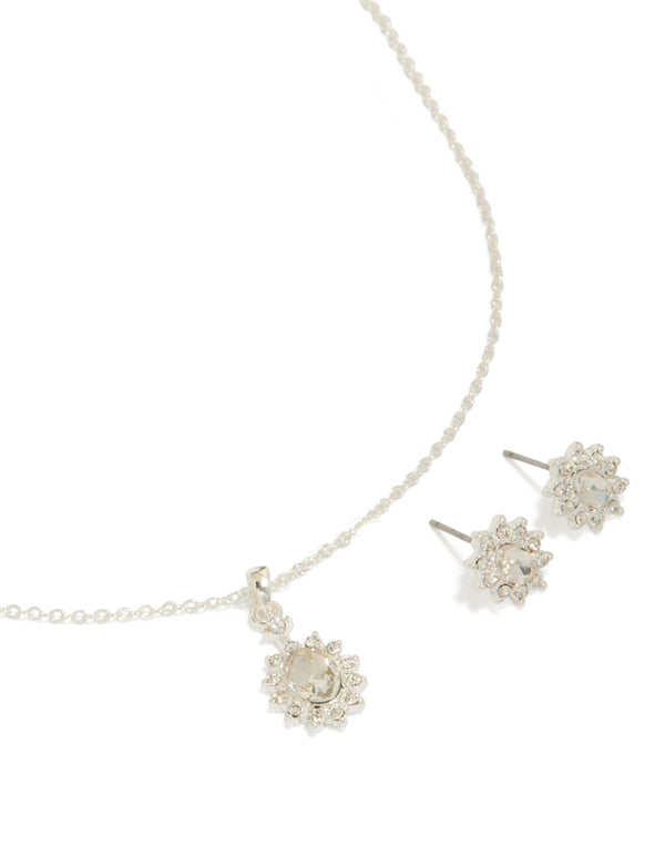 Silver Vintage Diamante Necklace & Earrings Set