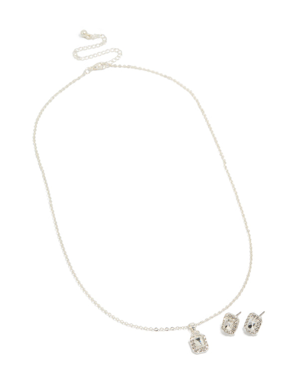 Silver Square Diamante Vintage Necklace & Earrings Set