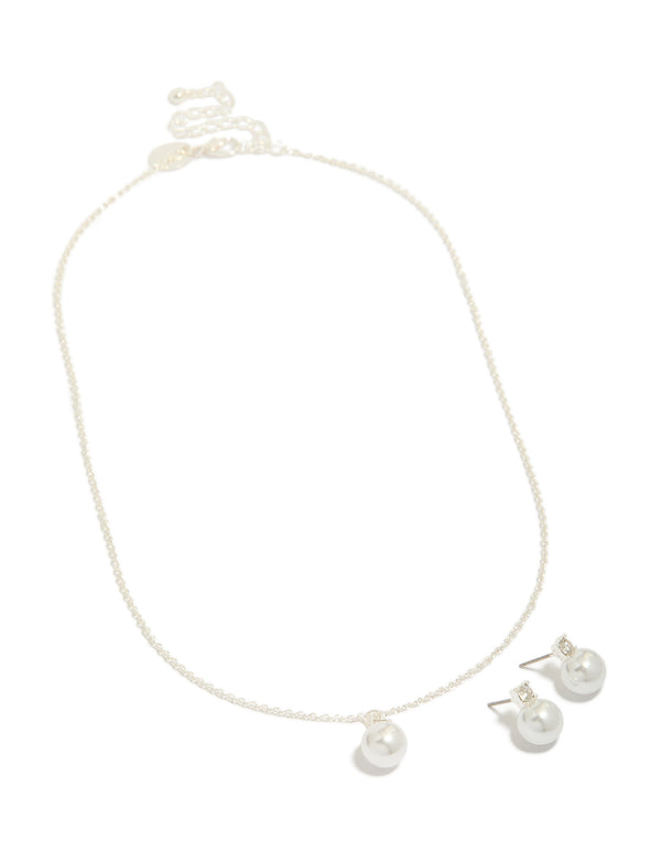 Silver Pearl Pendant Necklace & Earrings Set