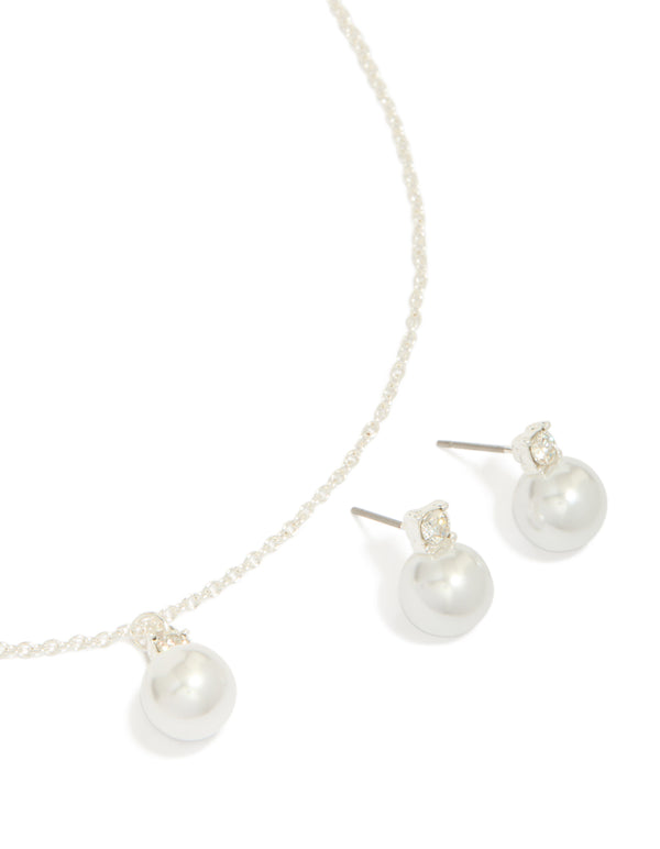Silver Pearl Pendant Necklace & Earrings Set