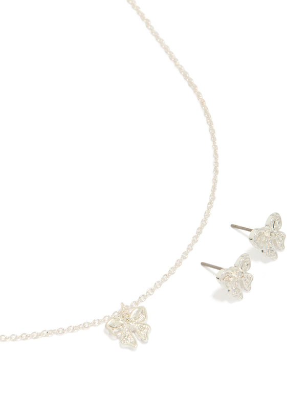 Silver Diamante Bow Necklace & Earrings Set