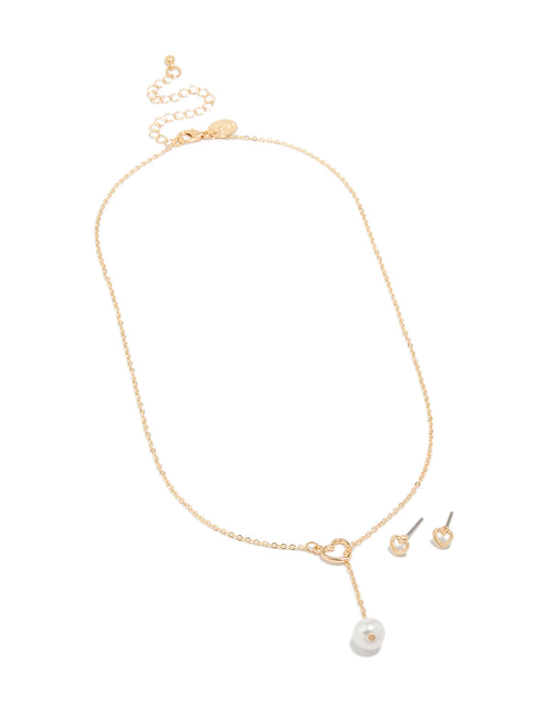 Gold Heart Pearl Necklace & Heart Earrings Set