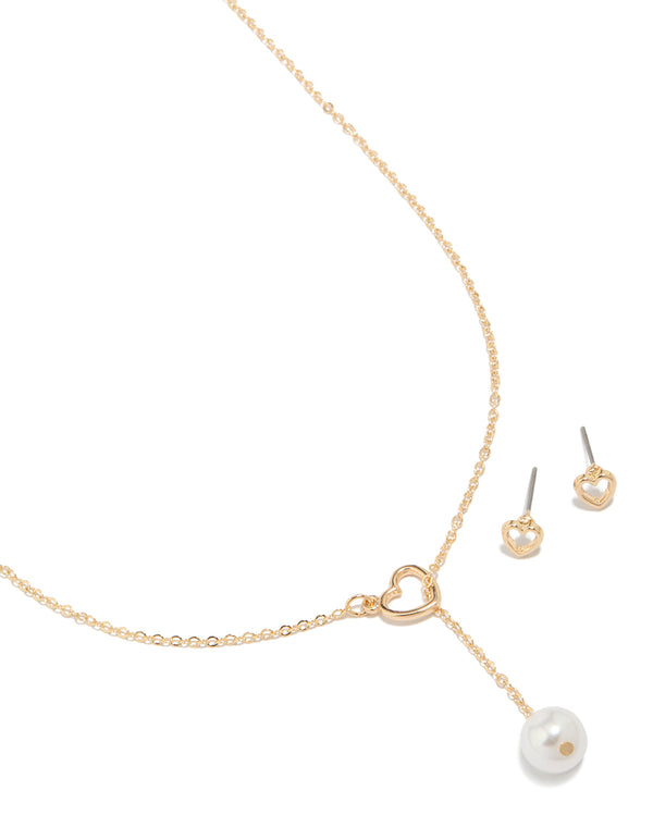 Gold Heart Pearl Necklace & Heart Earrings Set