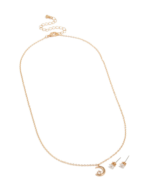 Gold Moon Necklace & Star Earrings Set