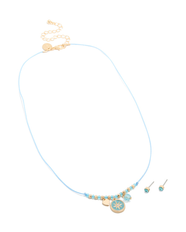 Gold Blue Cord Star Charm Necklace & Blue Diamante Earrings Set