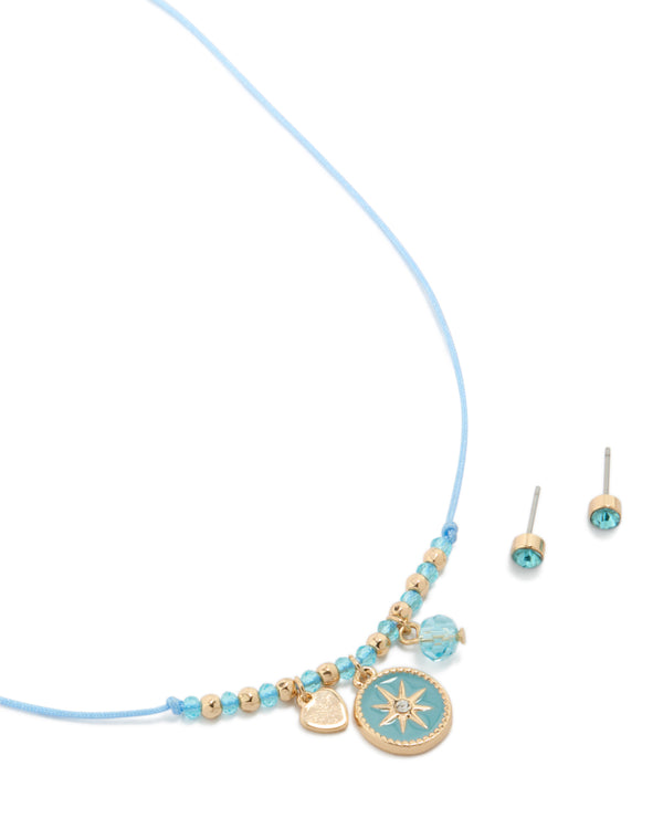 Gold Blue Cord Star Charm Necklace & Blue Diamante Earrings Set
