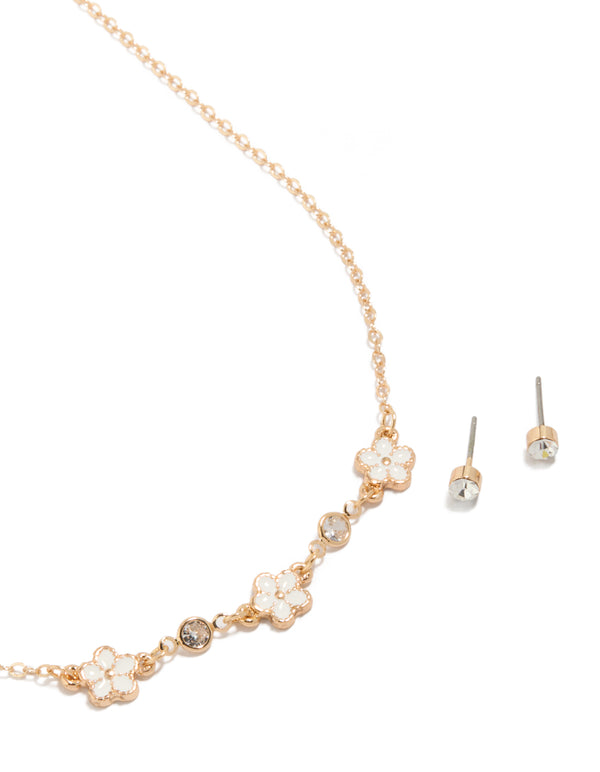Gold Diamante & White Enamel Floral Necklace & Earrings Set