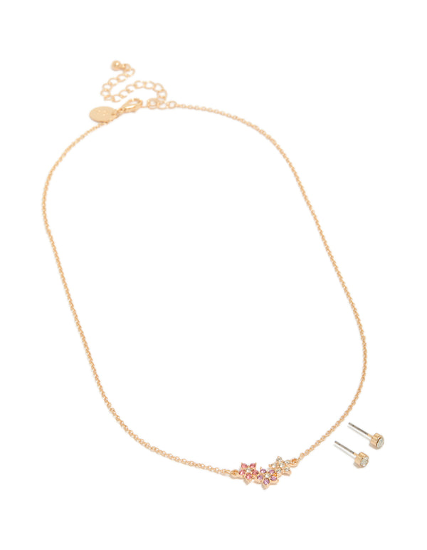 Gold Pink Purple & Clear Diamante Flower Necklace & Earrings Set