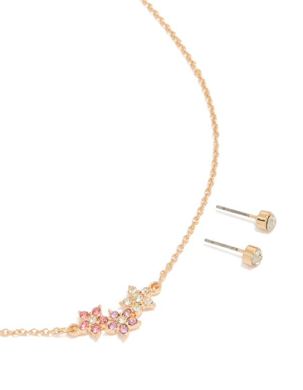 Gold Pink Purple & Clear Diamante Flower Necklace & Earrings Set