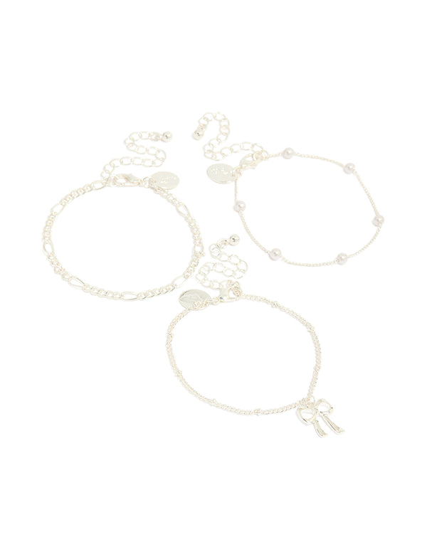 Silver Pearl & Bow Charm Bracelets 3-Pack