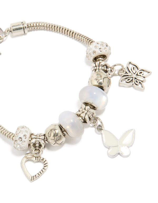 Silver Butterfly & Heart Charms Bracelet