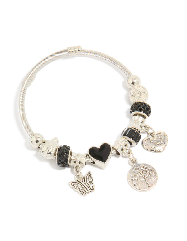 Silver Black Beaded Heart & Tree Charms Bracelet