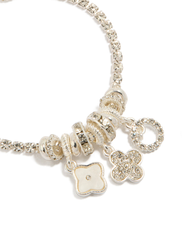 Silver Diamante & Flower Charm Bracelet