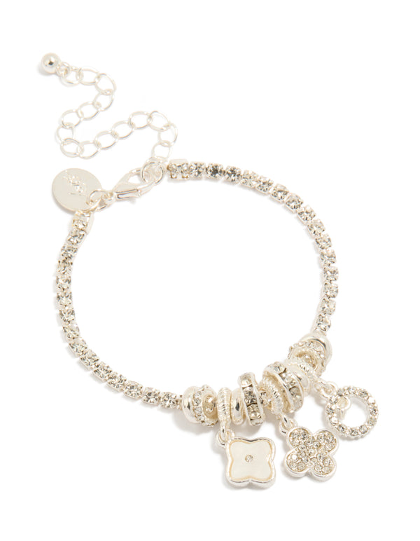 Silver Diamante & Flower Charm Bracelet