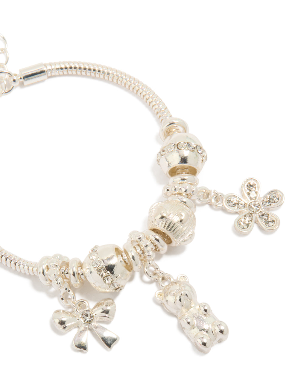 Silver Bear Bow & Flower Charm Bracelet