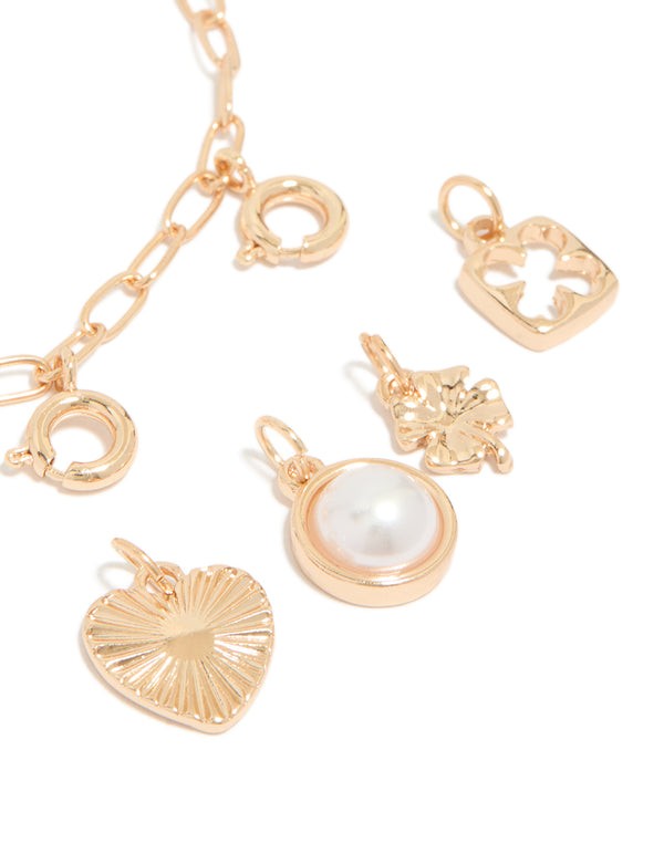 Gold Pearl Clover & Heart Charms Bracelet