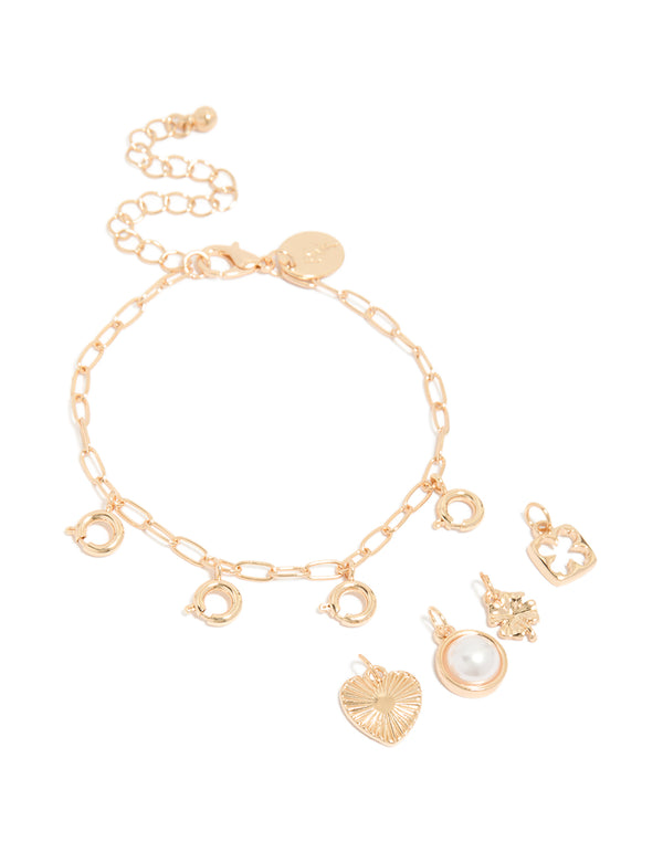 Gold Pearl Clover & Heart Charms Bracelet