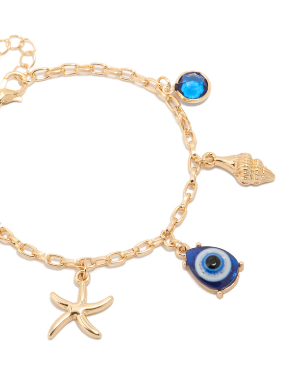Gold Evil Eye & Shell Charm Bracelet