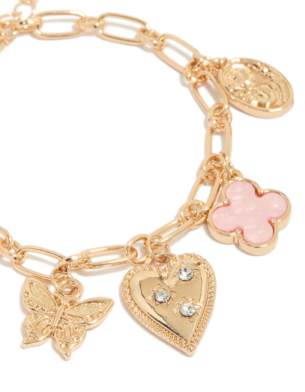 Gold Diamante Heart & Pink Flower Charm Bracelet
