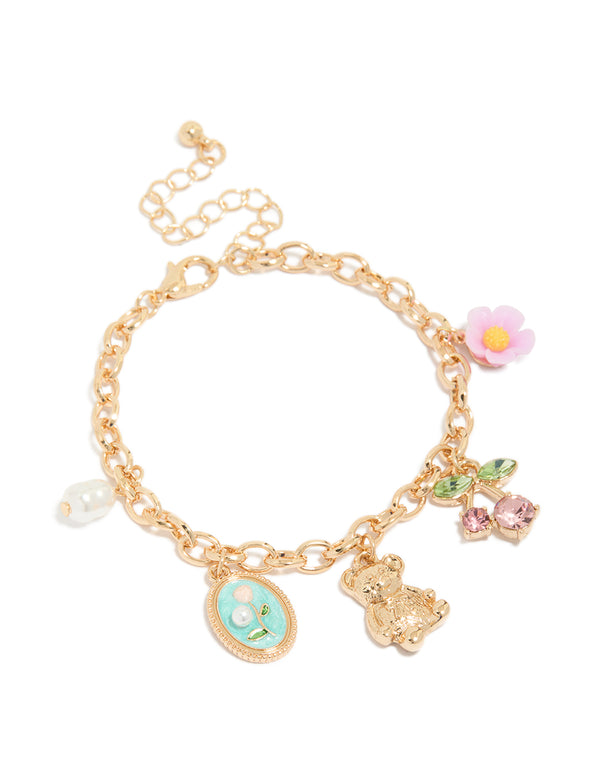 Gold Bear & Rose Charm Bracelet