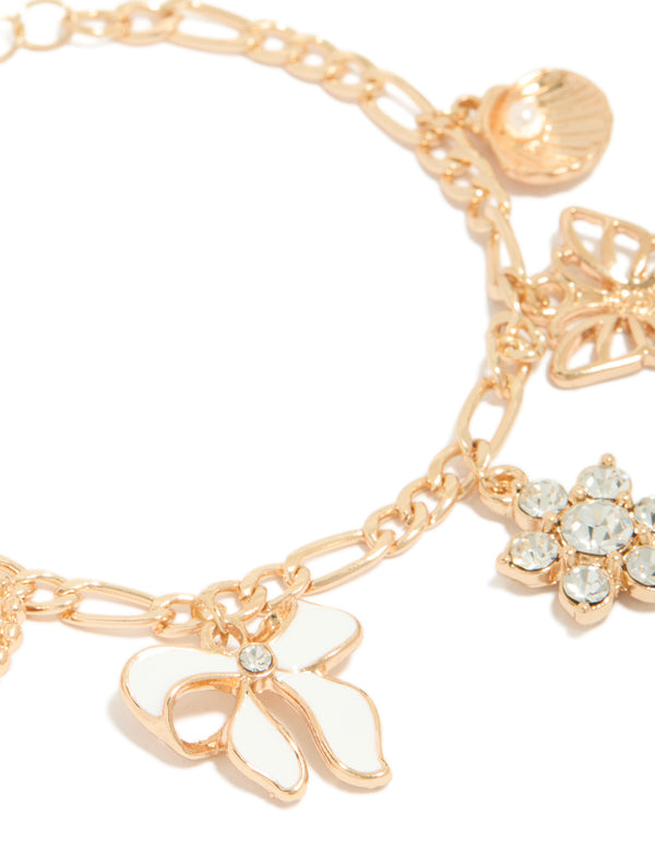 Gold Shell, Floral & Bow Charm Bracelet