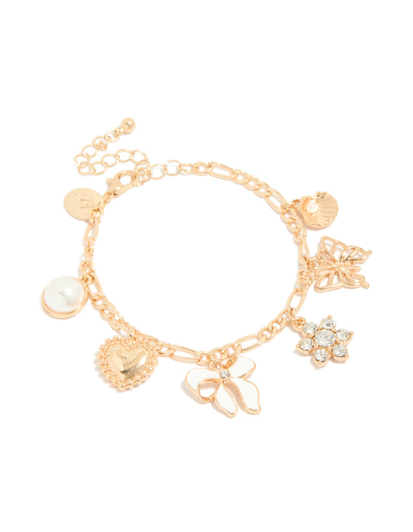 Gold Shell, Floral & Bow Charm Bracelet