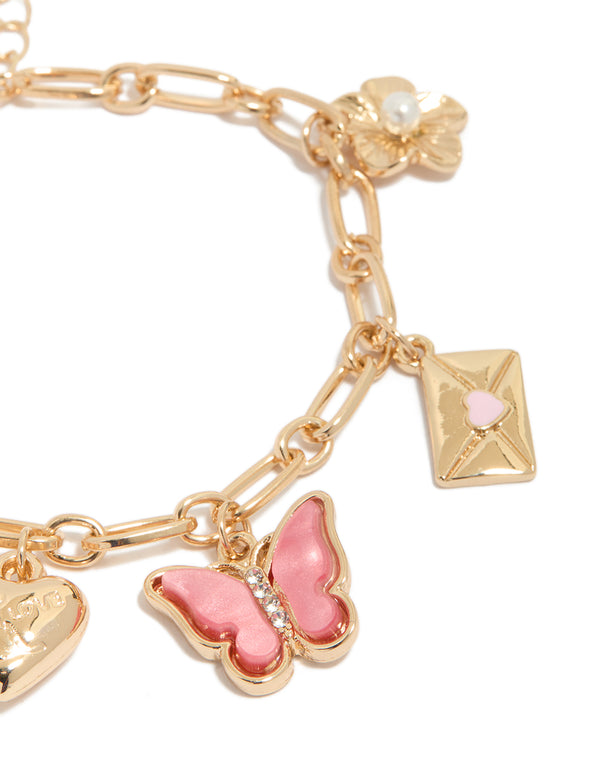 Gold Envelope & Butterfly Charm Bracelet