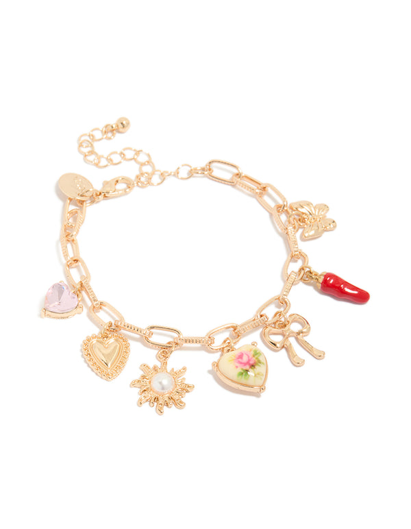 Gold Pearl Heart Charm Bracelet