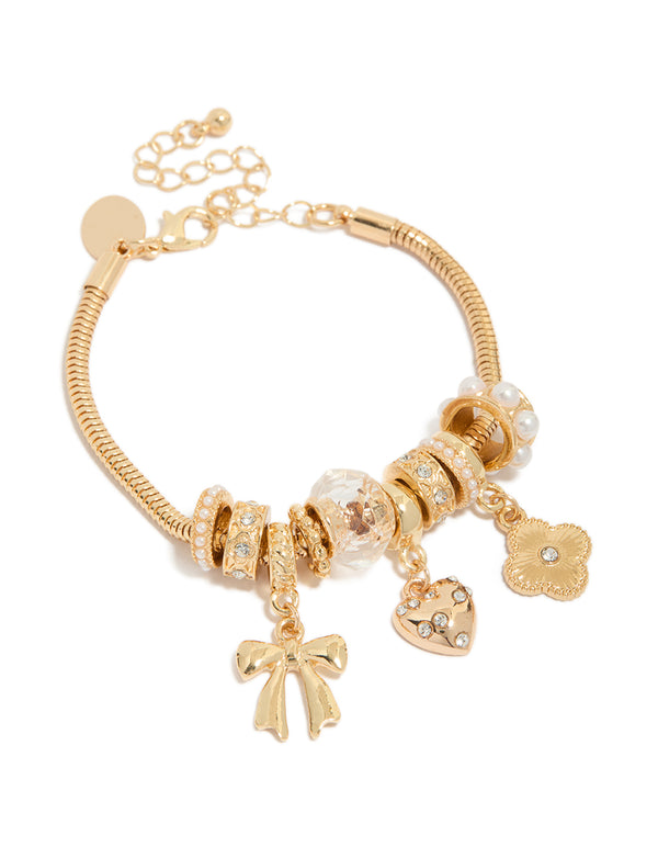 Gold Diamante Heart & Flower Charm Bracelet
