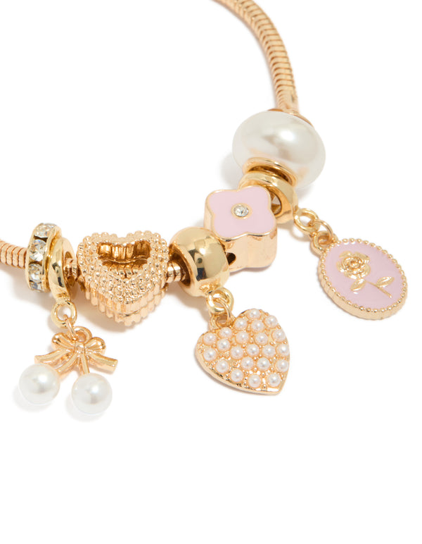 Gold Pearl Heart & Pink Enamel Flower Charm Bracelet