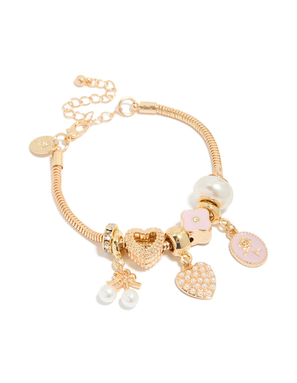 Gold Pearl Heart & Pink Enamel Flower Charm Bracelet